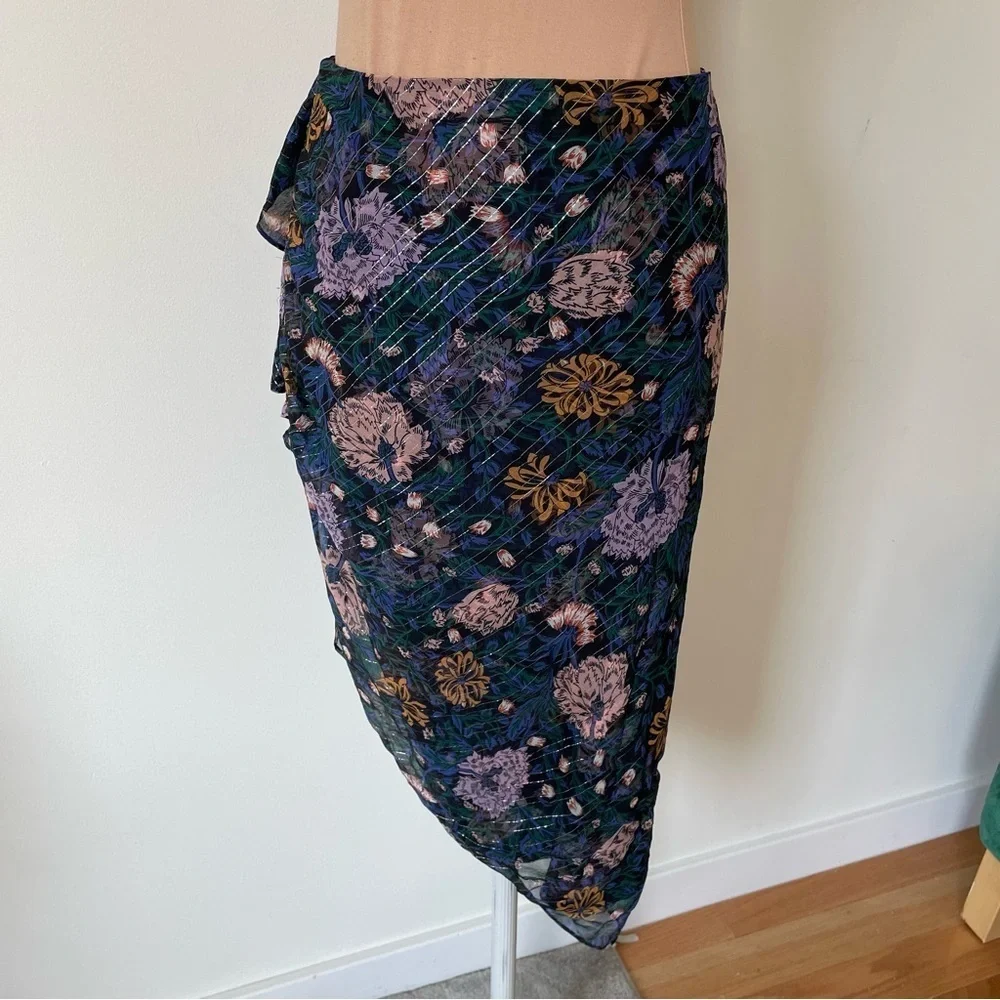 Veronica Beard Hazel Ruched Floral-Print Fil Coupé Silk-Metallic Skirt EUC Sz 4